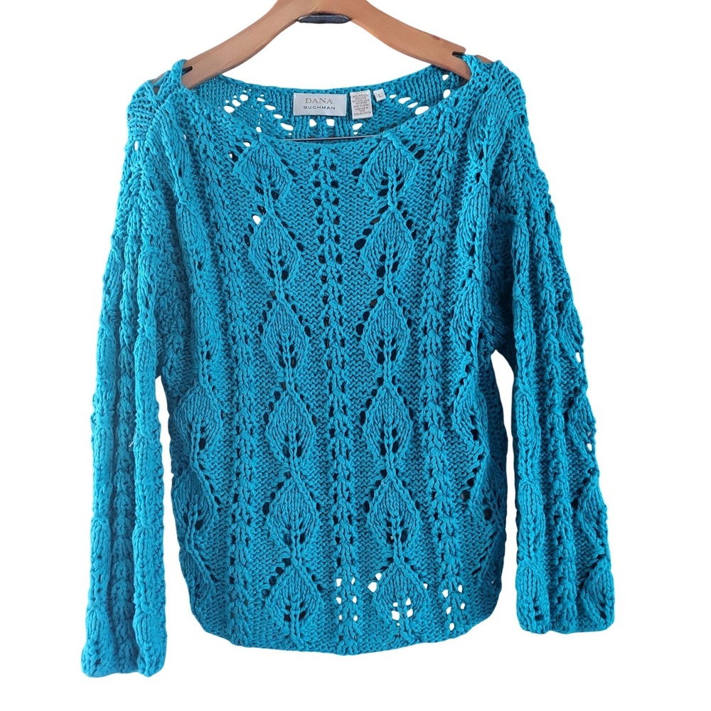 Dana Buchman Womens Turquoise Boho Pointelle Leaf Chunky Minimalist Sweater L